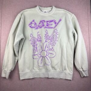 Y2K Obey Sweatshirt Men M Mint Green Fairy Flower Graphic Crewneck Pullover‎
